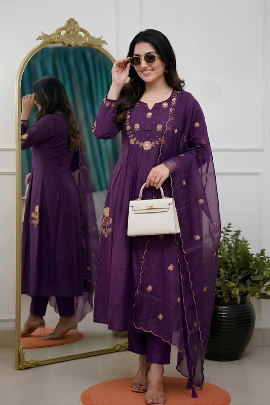 Elegant Purple Chanderi Silk Embroidered Readymade Salwar Suit with Dupatta for Women
