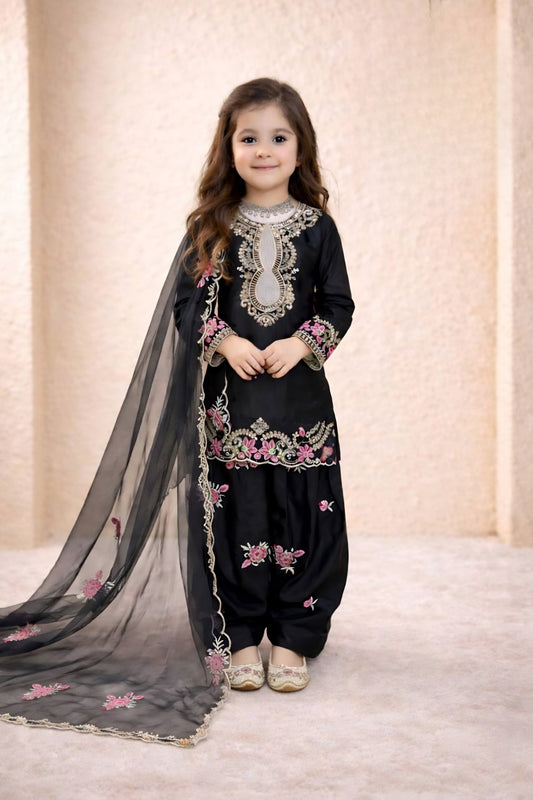 Elegant Black Crepe Embroidered Readymade Salwar Suit with Dupatta for Girls