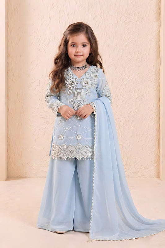Elegant Sky Blue Embroidered Faux Georgette Girls Readymade Palazzo Suit with Dupatta