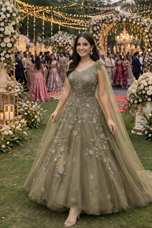 Elegant Olive Green Embroidered Net Designer Gown with Cape Sleeves for Women