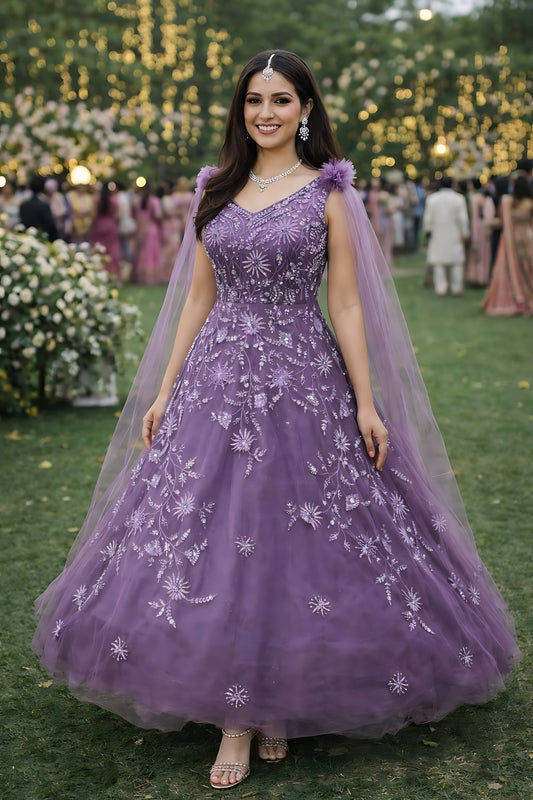 Stunning Purple Embroidered Net Designer Gown with Cape Sleeves for Women