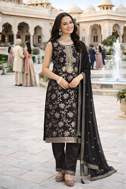 Stylish Black Embroidered Viscose Jacquard Salwar Suit with Dupatta for Women