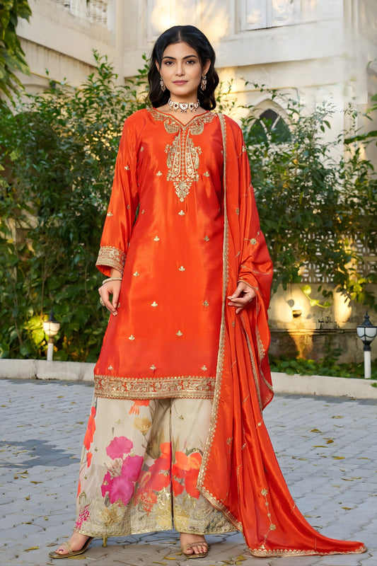 Vibrant Orange Embroidered Chinon Readymade Salwar Suit with Palazzo for Women