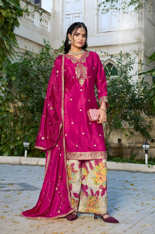 Elegant Rani Pink Embroidered Chinon Readymade Salwar Suit with Palazzo for Women