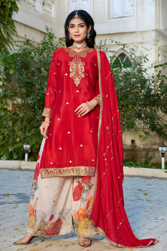 Trendy Red Embroidered Chinon Readymade Salwar Suit with Palazzo for Women