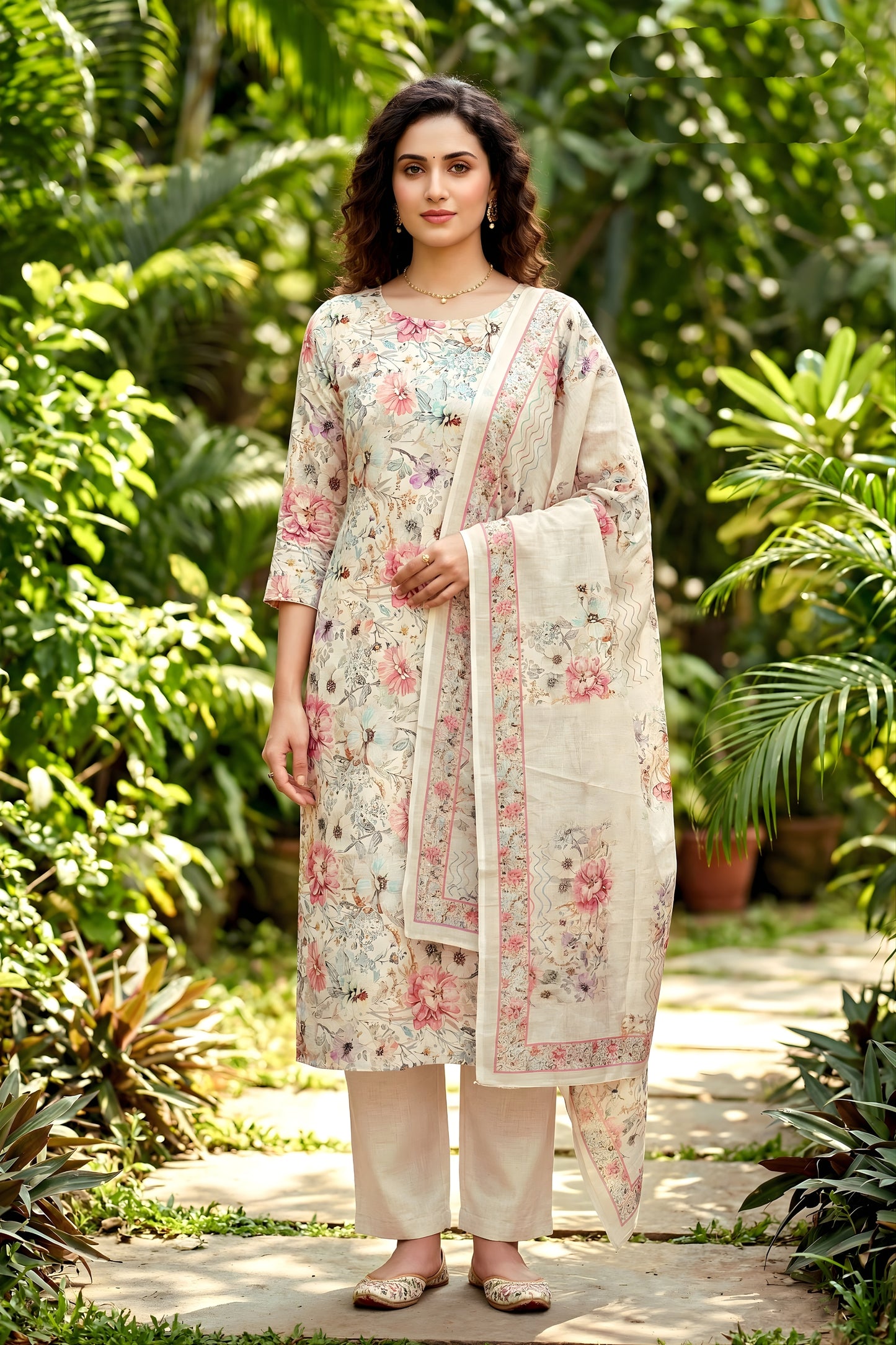 Charming Cream Floral Digital Printed Cotton Salwar Suit with Dupatta for Women