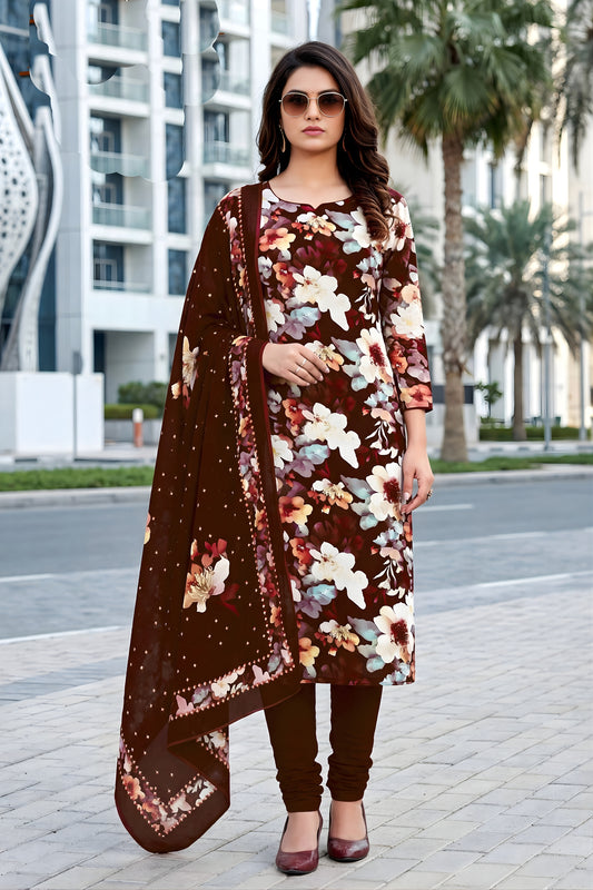 Elegant Brown Floral Digital Printed Crepe Salwar Suit with Dupatta for Women