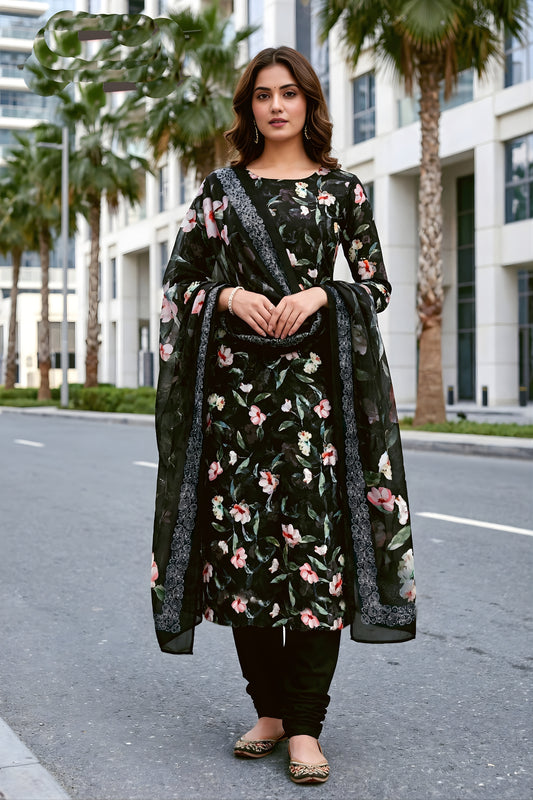 Stunning Black Floral Digital Printed Crepe Salwar Suit with Dupatta for Women