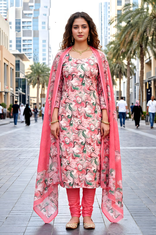 Charming Pink Abstract Digital Printed Crepe Salwar Suit with Dupatta for Women