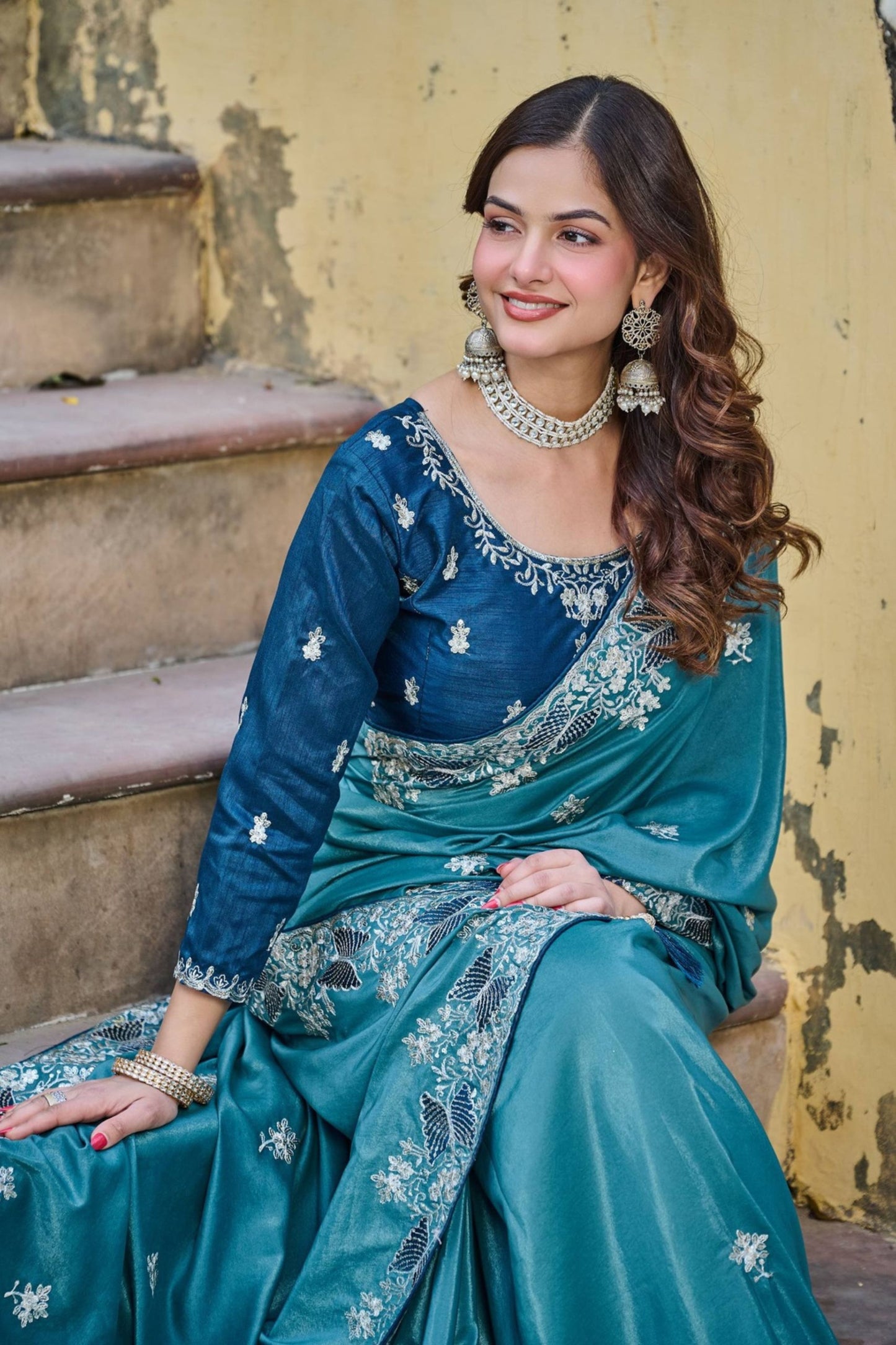 Teal Blue Silk Saree with Floral Embroidery Designer Blouse