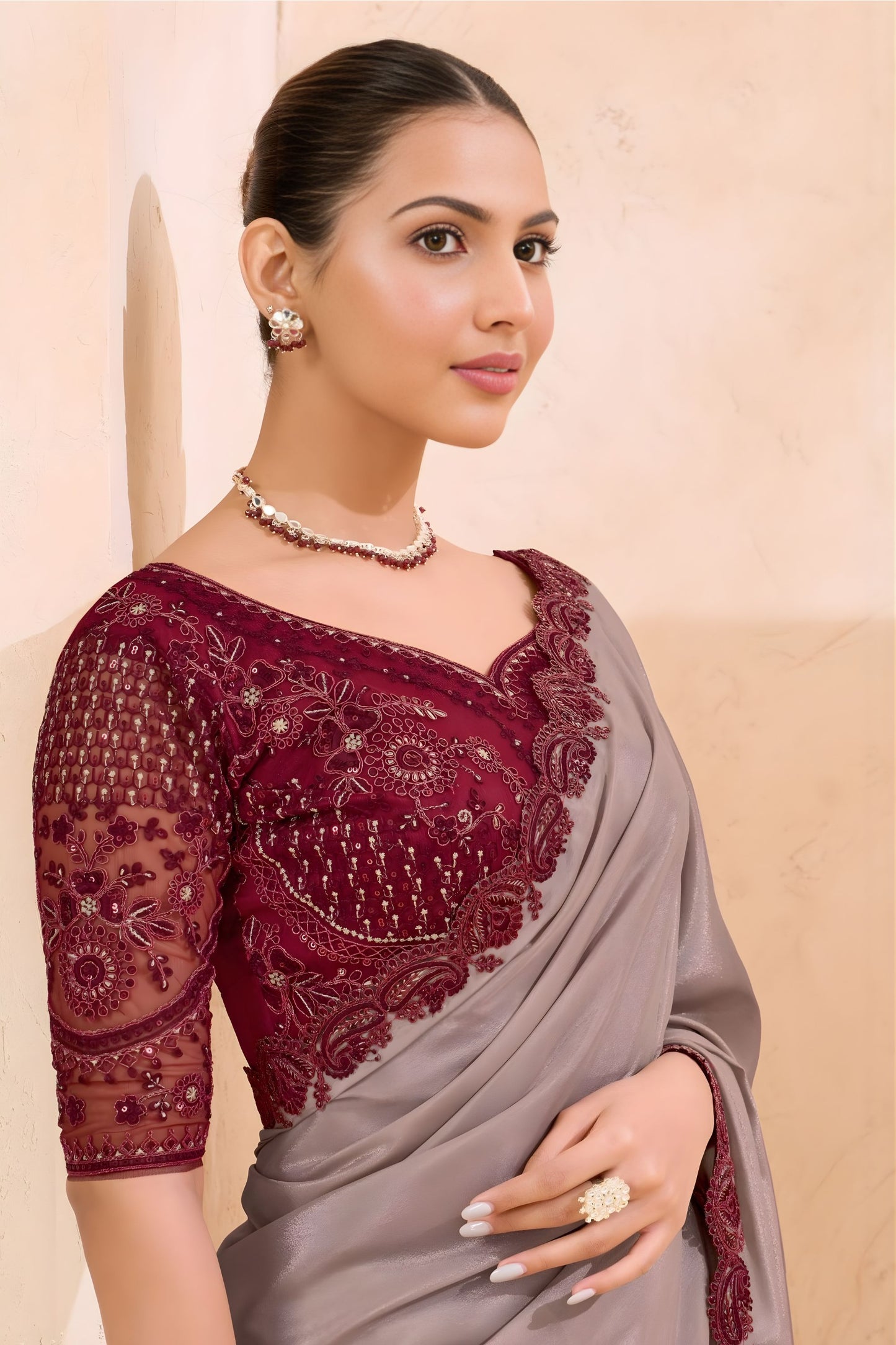 Taupe Grey Silk Saree with Wine Designer Embroidered Border