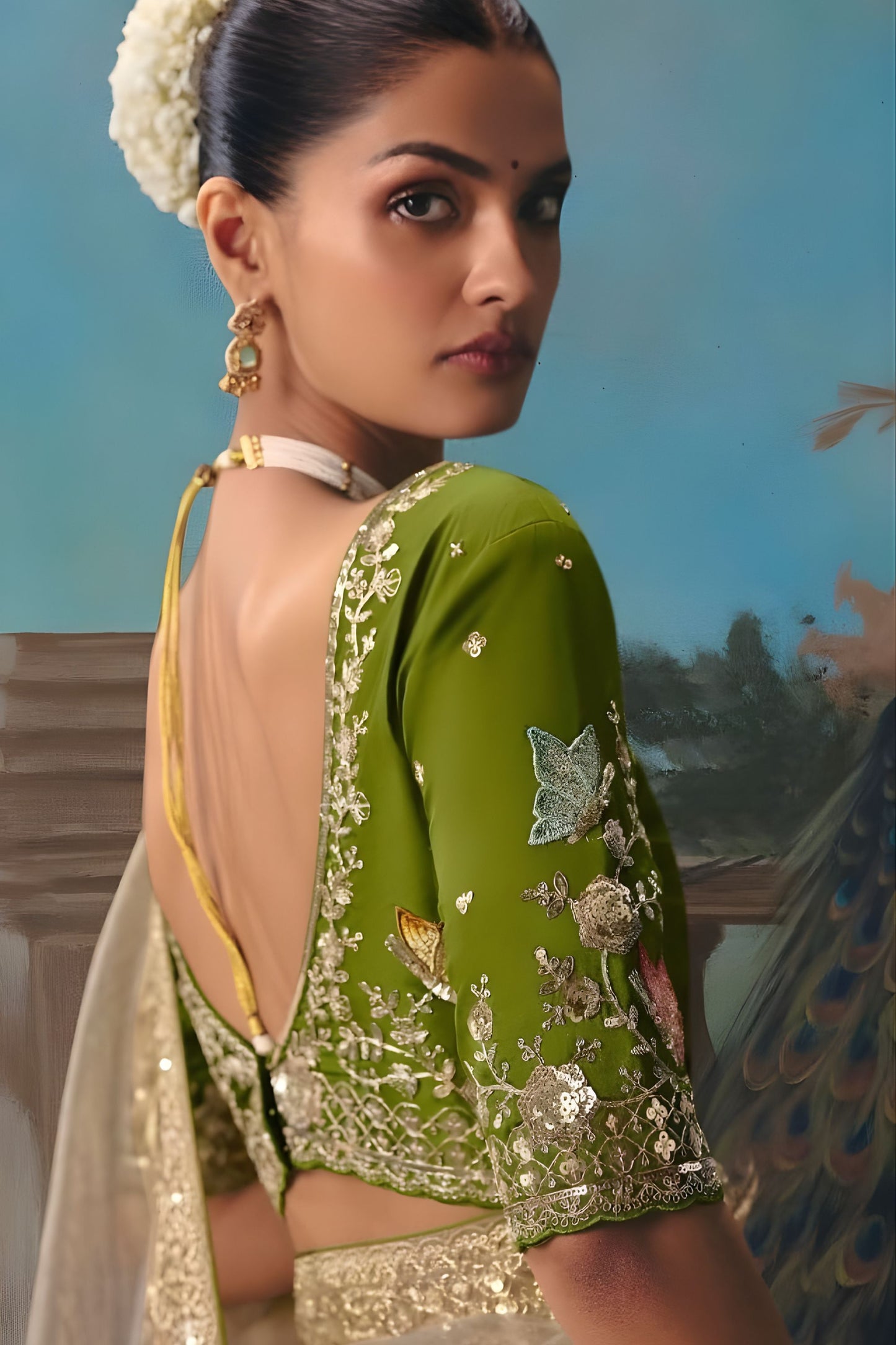 Beige Embroidered Silk Saree with Green Blouse Festive Wear