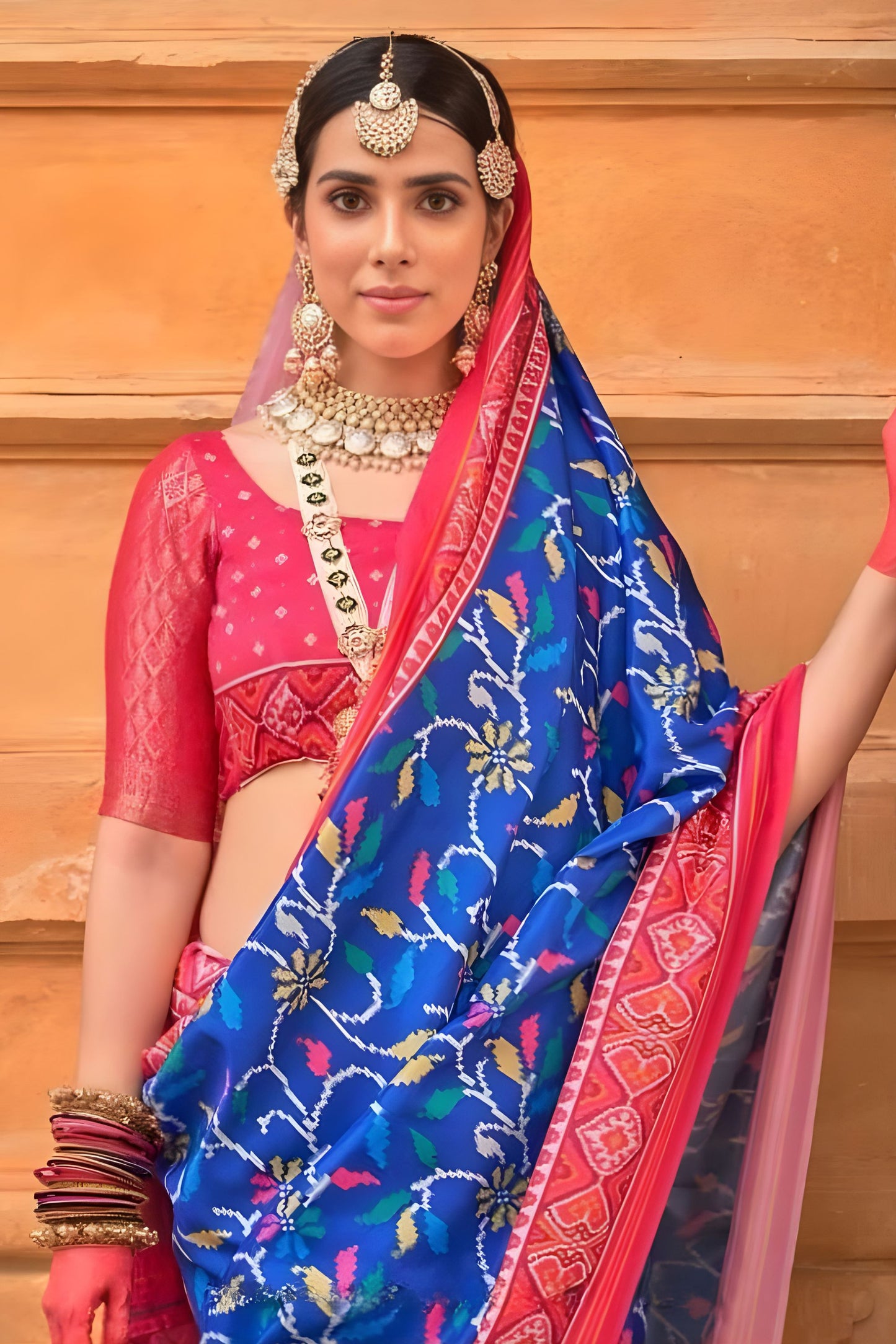 Royal Blue Pink Printed Silk Saree Traditional Designer Border
