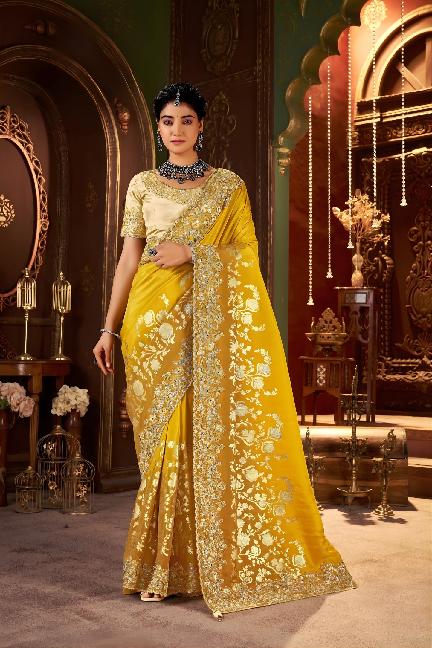 Mustard Yellow Embroidered Silk Blend Saree with Designer Blouse