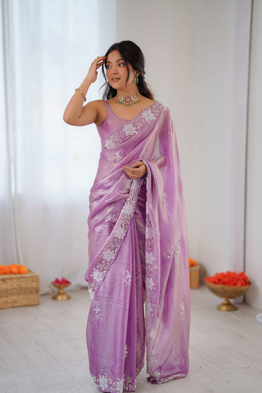 Lavender Soft Silk Saree with Silver Floral Embroidery Border Matching Blouse