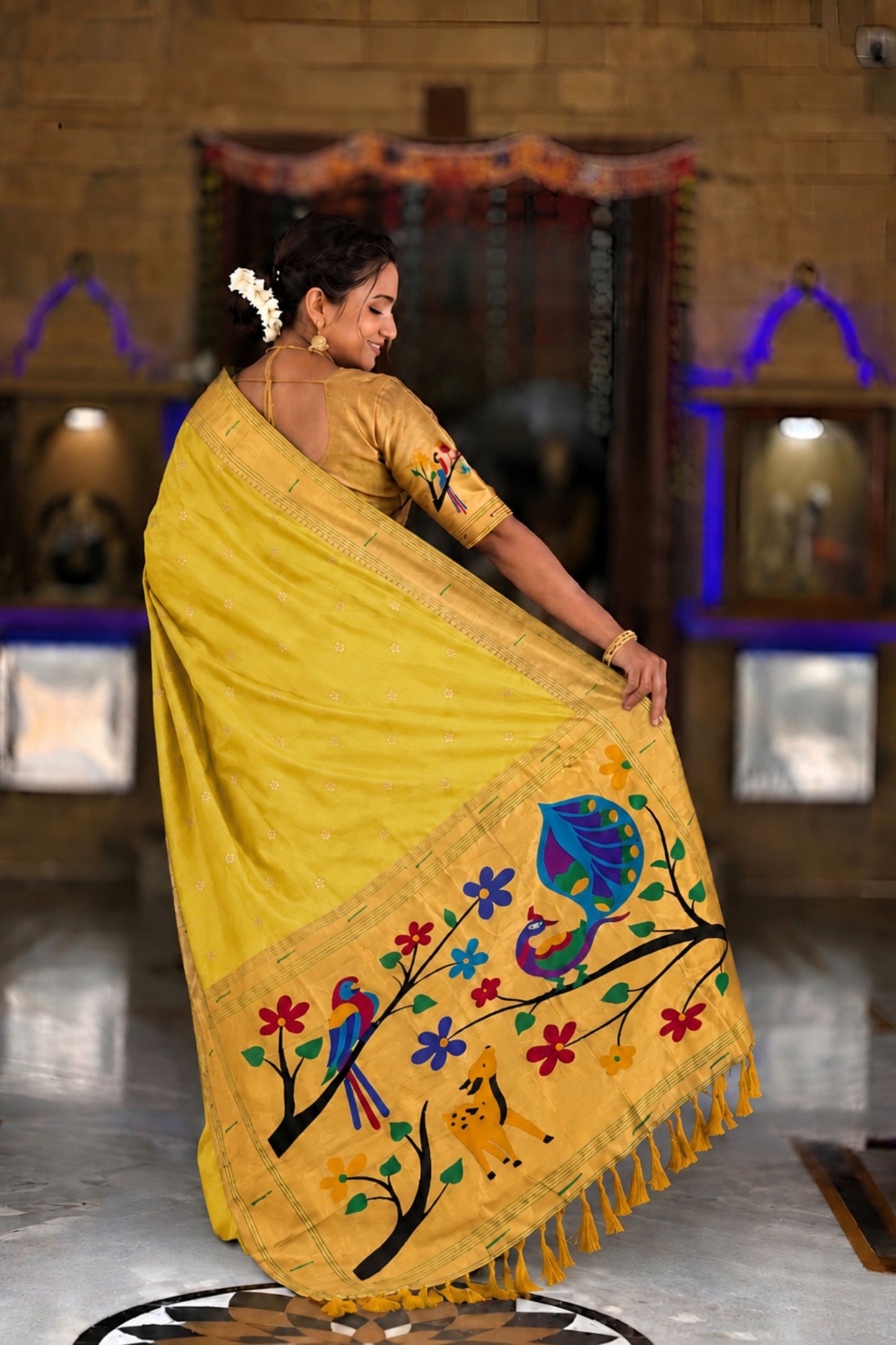 Mustard Yellow Cotton Silk Saree Golden Border Peacock Floral Designer Pallu