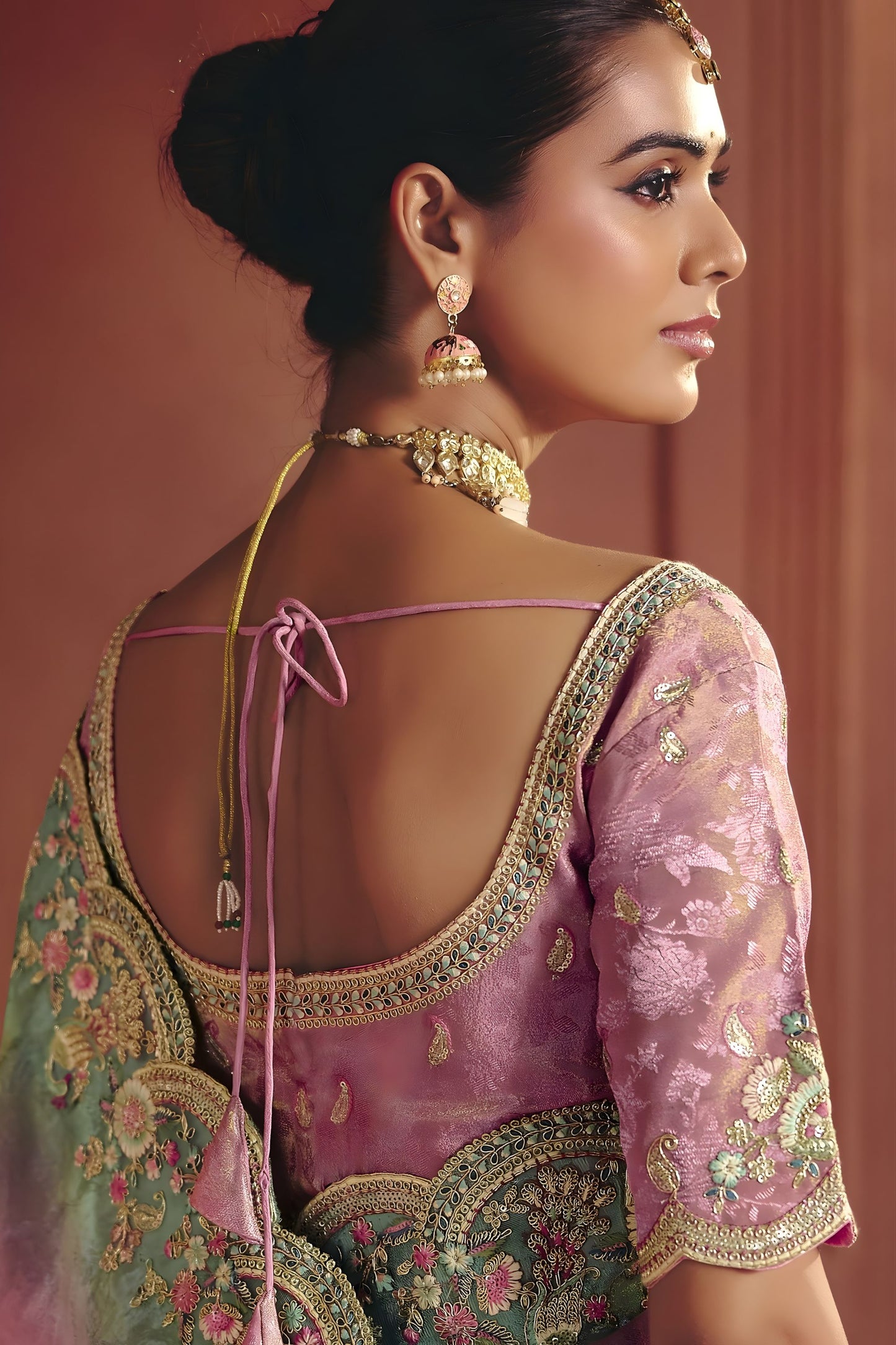 Pink Mint Green Silk Saree with Heavy Embroidered Border