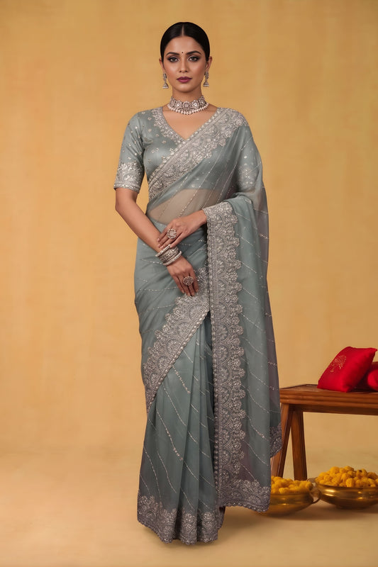 Dusty Blue Net Saree Heavy Silver Embroidered Border Designer Blouse