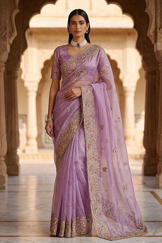 Lavender Organza Silk Saree with Heavy Embroidery Designer Border