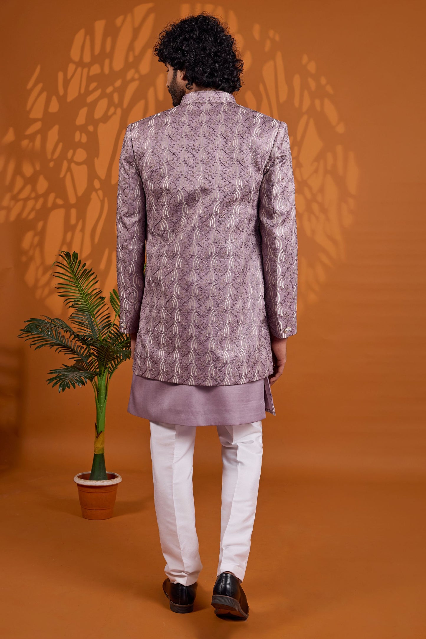 Outstanding Lavender Indo Western Sherwani for Men With Designer Jacquard Jacket