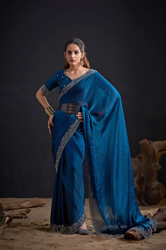 Teal Blue Silk Saree Designer Embroidered Border Party Wear Saree