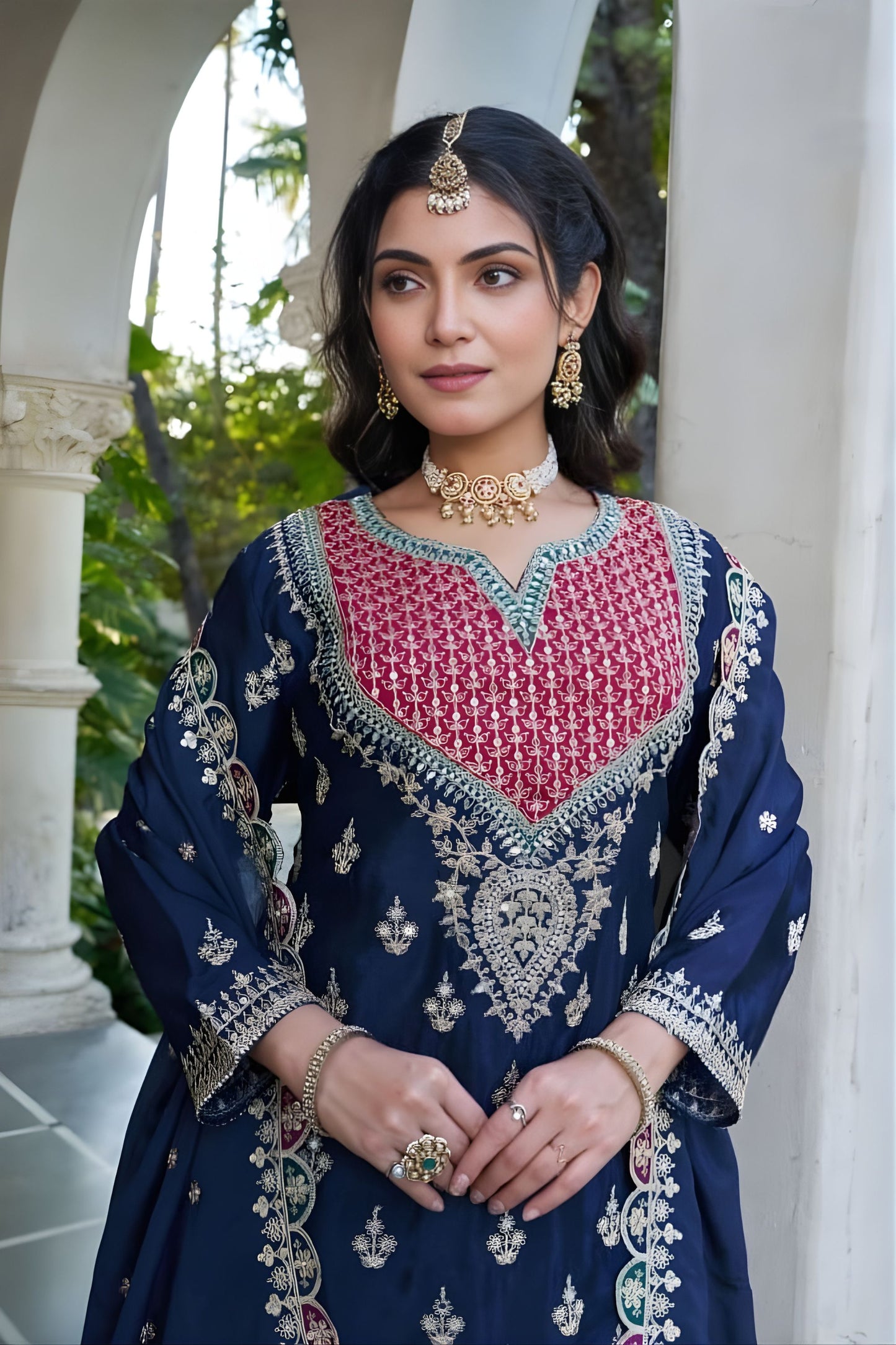 Stylish Navy Blue Embroidered Chinon Palazzo Suit Dupatta for Women
