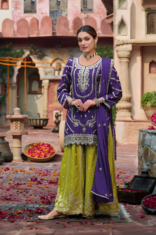 Elegant Purple Chinon Embroidered Palazzo Suit Set Dupatta for Women