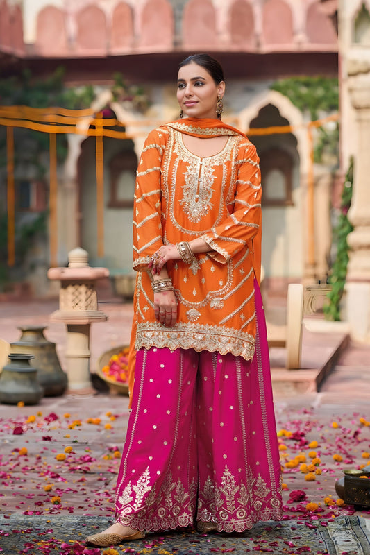Festive Orange Chinon Embroidered Palazzo Suit Set Dupatta for Women