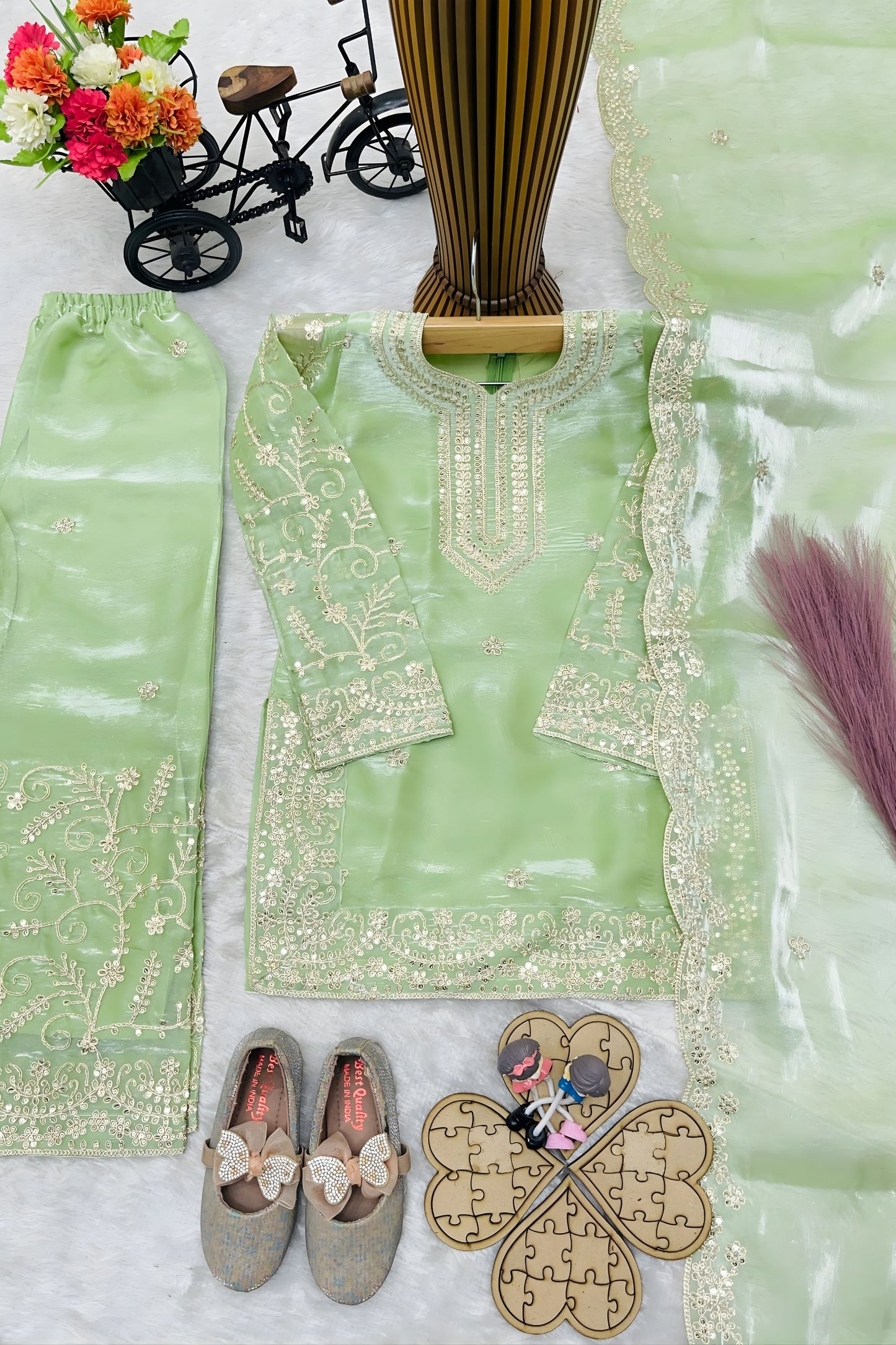Wonderful Mint Green GMY Silk Embroidered Pakistani Style Palazzo Suit Set for Girls