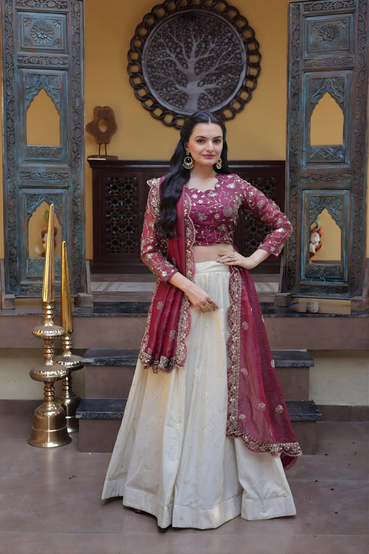 Elegant Magenta Cosmos Silk Embroidered Lehenga Choli with Ivory Flared Skirt