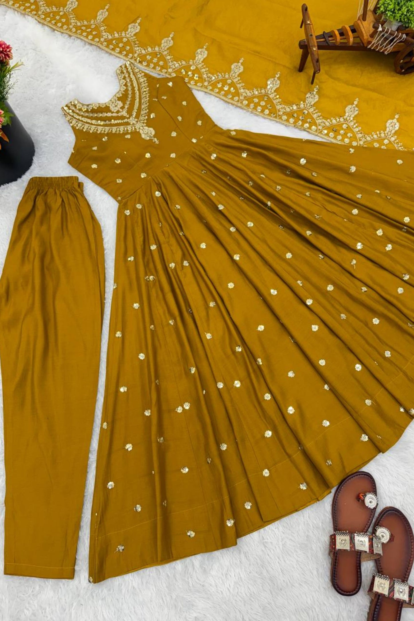 Royal Mustard Yellow Roman Silk Embroidered Anarkali Suit Heavy Sequin Work Dupatta