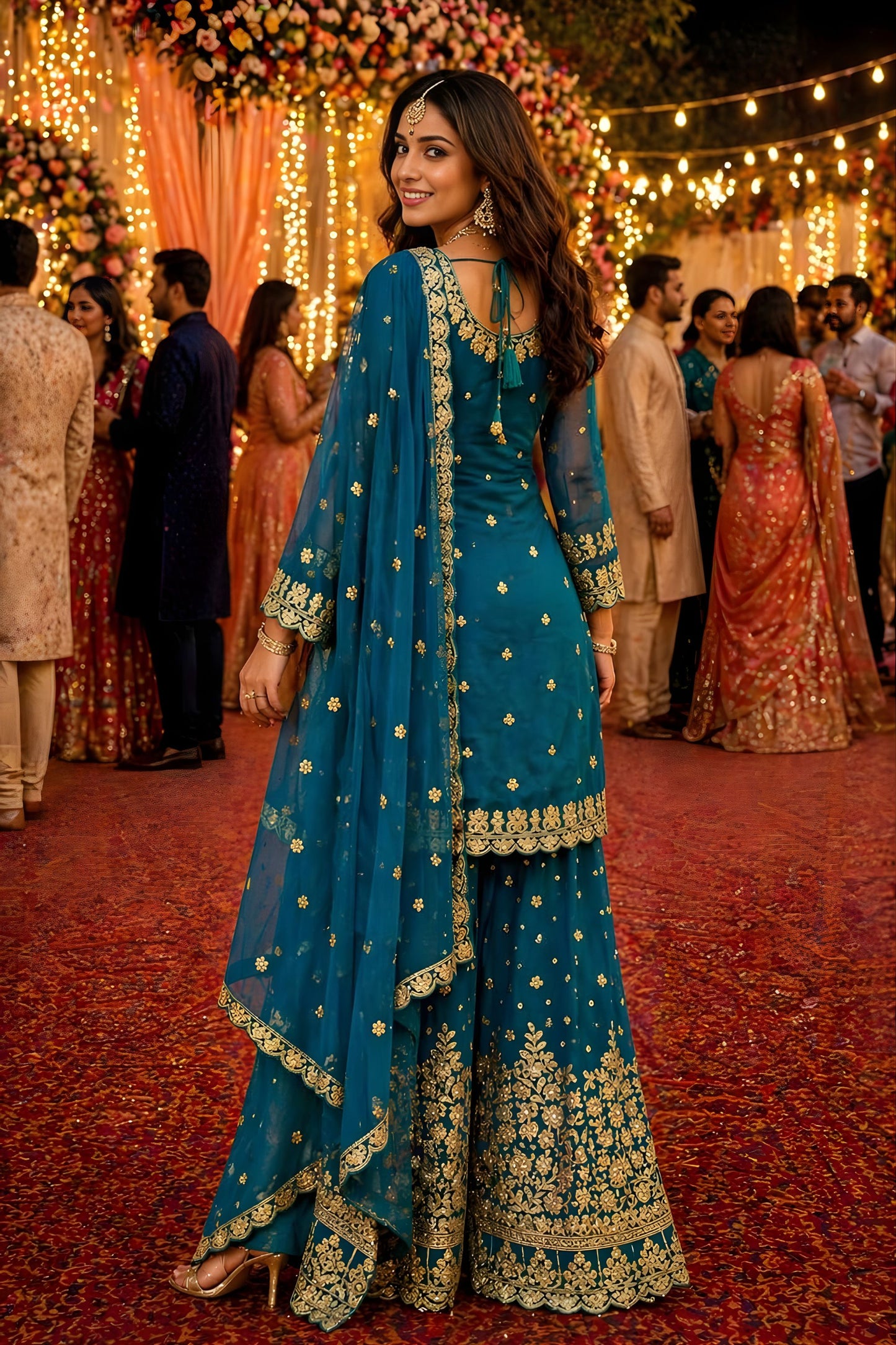 Royal Teal Blue Georgette Embroidered Sharara Suit Designer Dupatta
