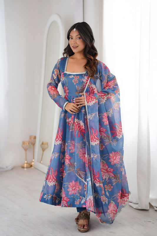 Beautiful Blue Floral Printed Organza Anarkali Suit Set with Dupatta for Women