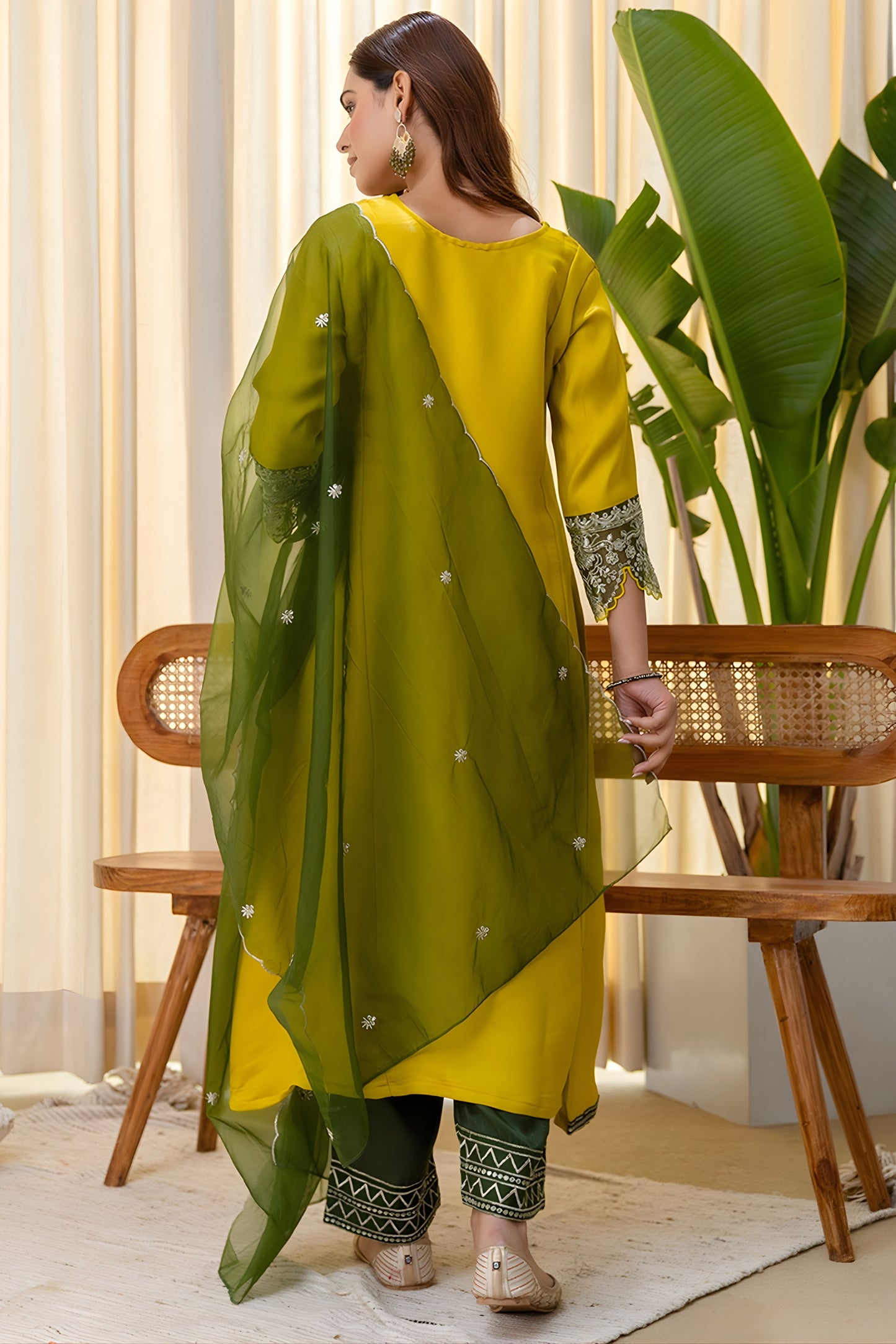 Premium Mustard Yellow Silk Blend Embroidered Salwar Suit with Green Organza Dupatta