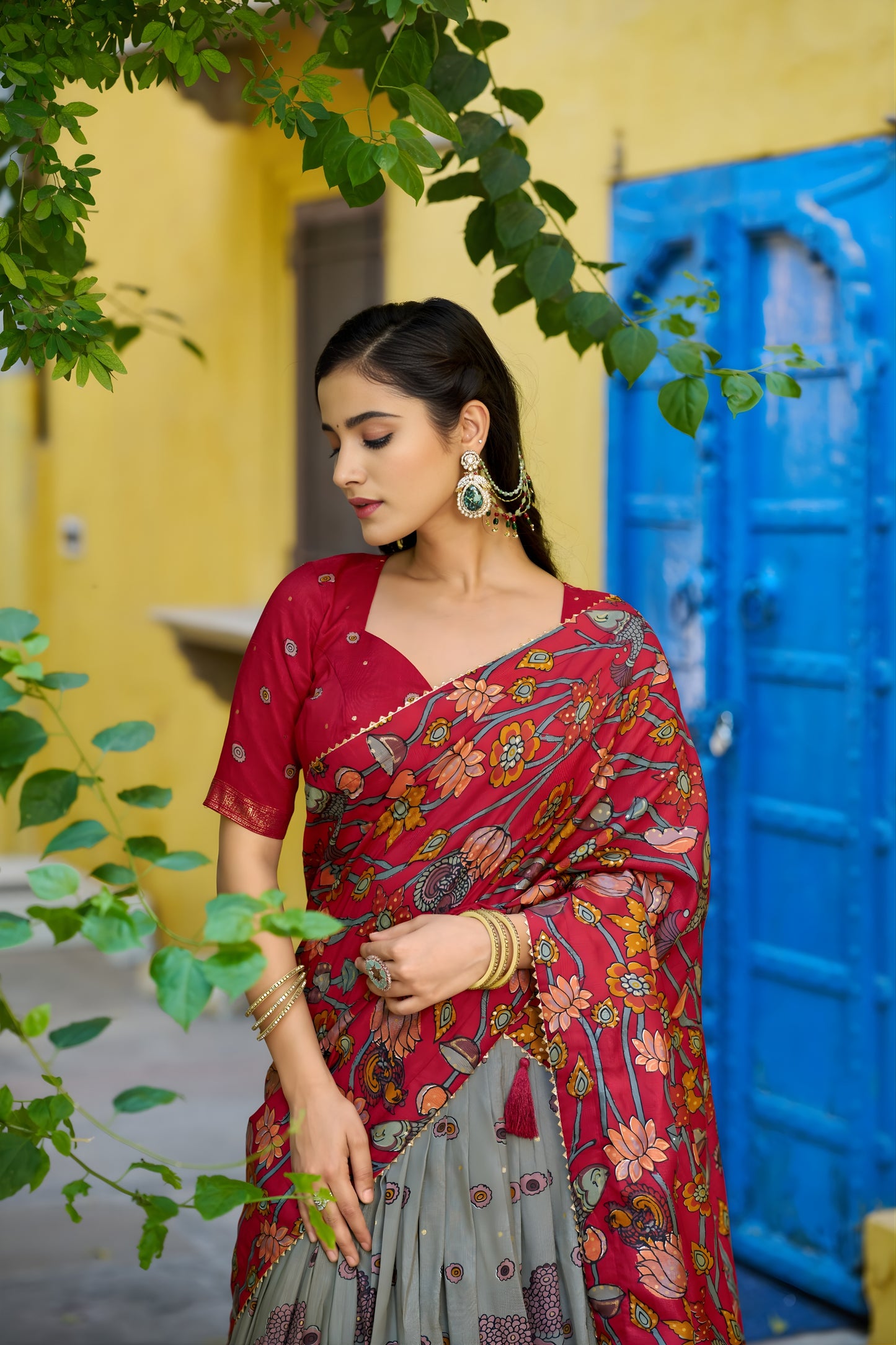 Adorable Red Tassar Silk Kalamkari Print Lehenga Choli with Designer Dupatta