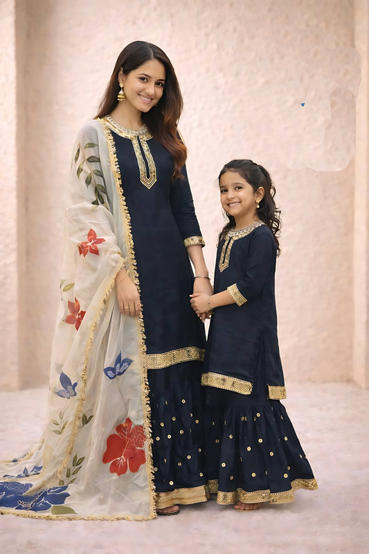 Stylish Black Embroidered GMY Silk Mother Daughter Matching Palazzo Suit Set with Dupatta