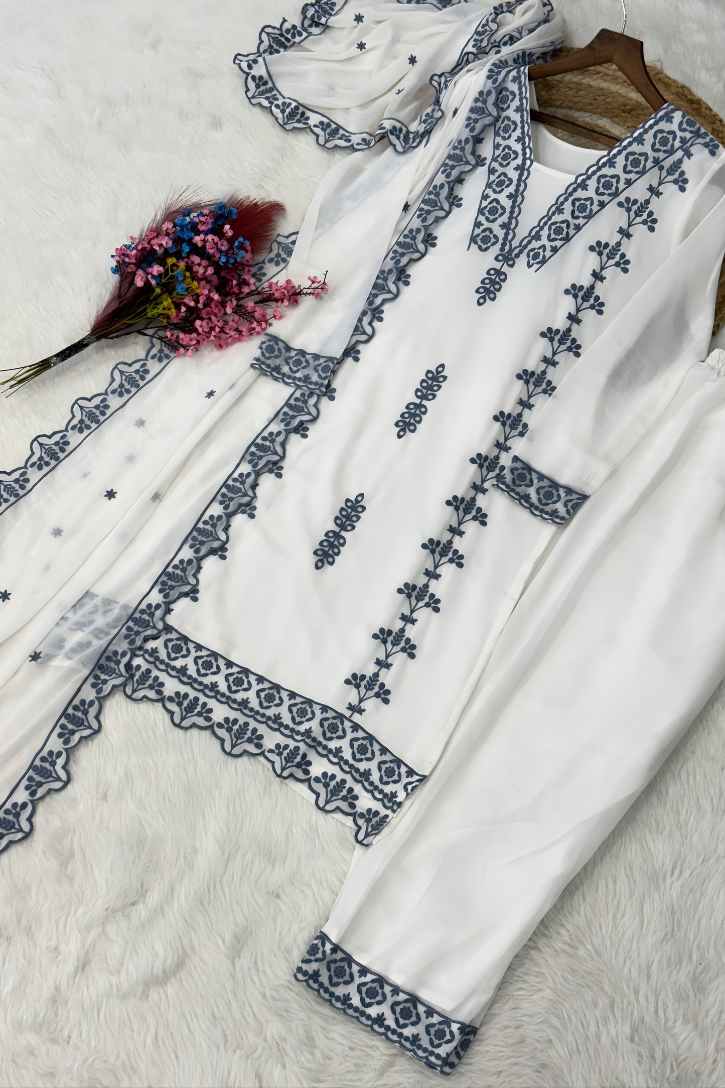 Elegant White Faux Georgette Embroidered Salwar Suit with Blue Thread Work Dupatta