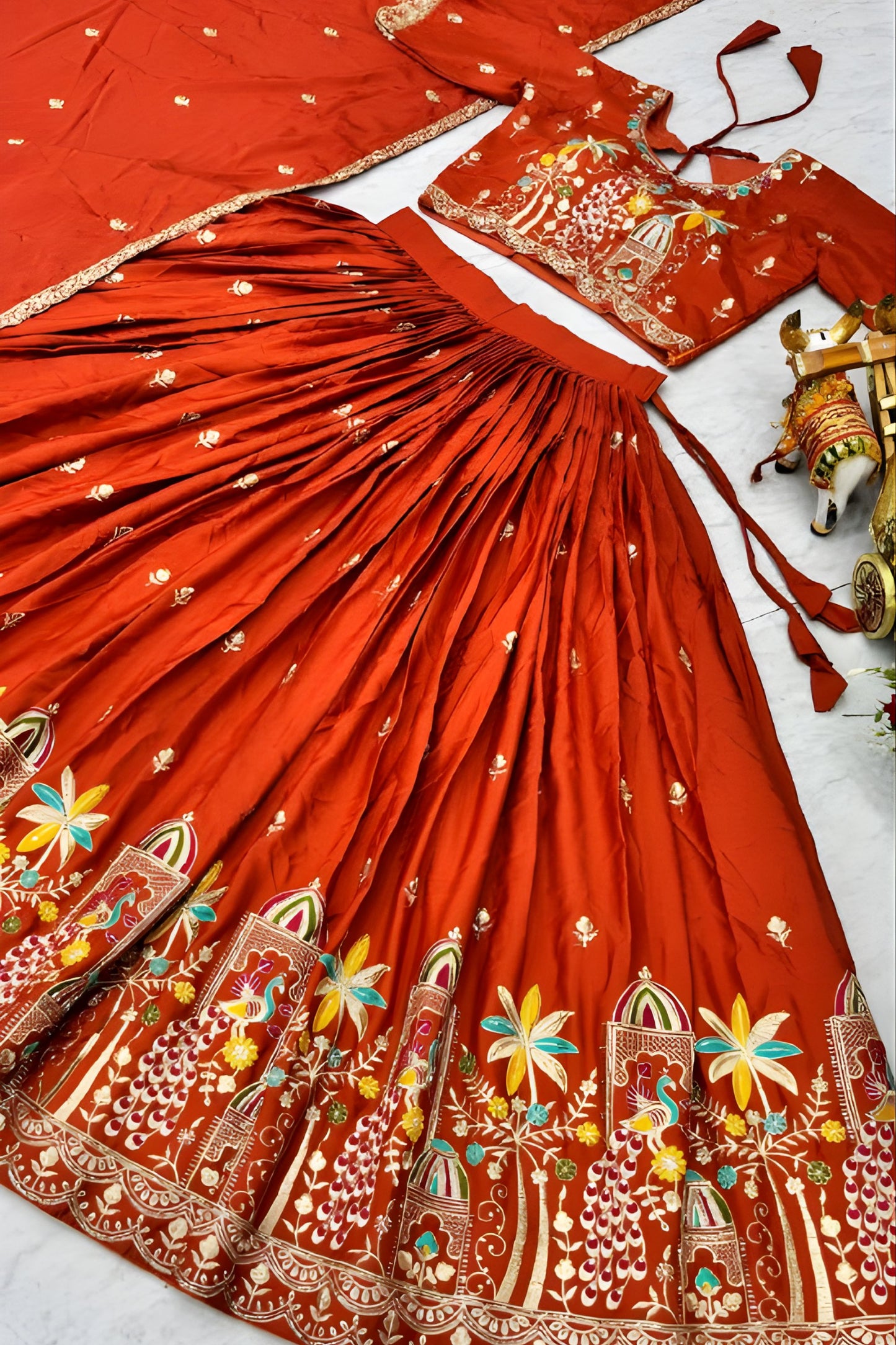 Royal Rust Orange Satin Silk Embroidered Lehenga Choli Designer Dupatta