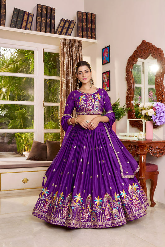 Beatiful Purple Satin Silk Embroidered Lehenga Choli with Designer Dupatta
