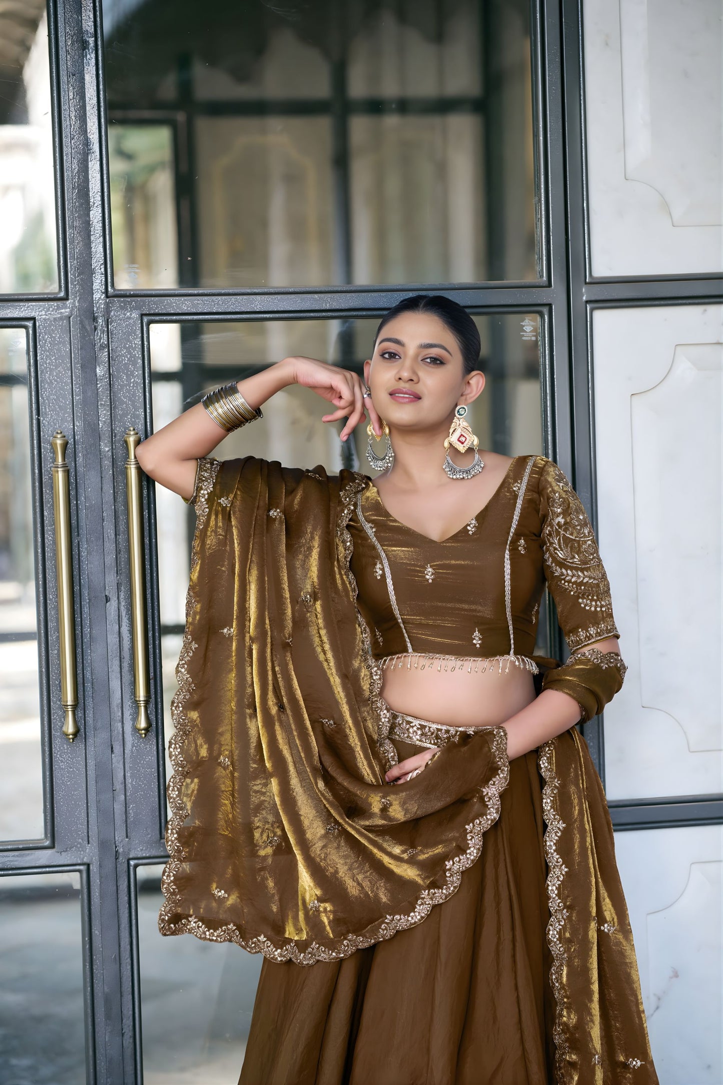 Elegant Brown Fandy Silk Lehenga Choli Sequins Embroidered Dupatta