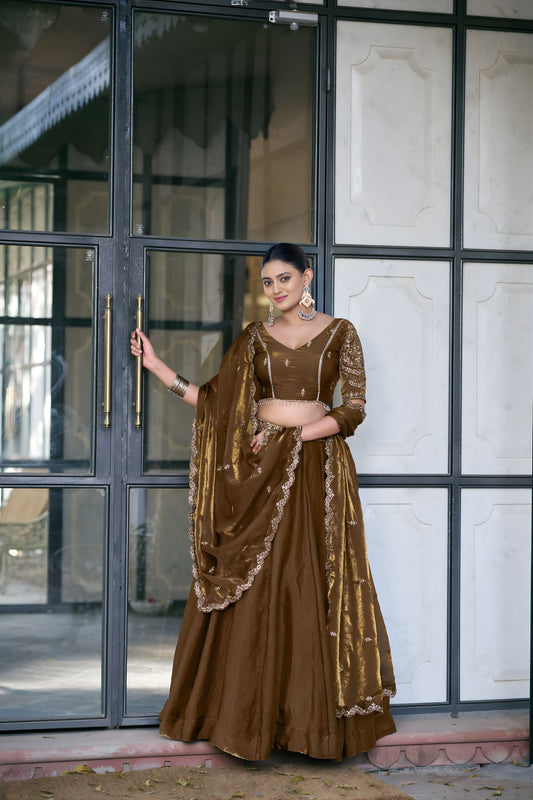 Elegant Brown Fandy Silk Lehenga Choli Sequins Embroidered Dupatta