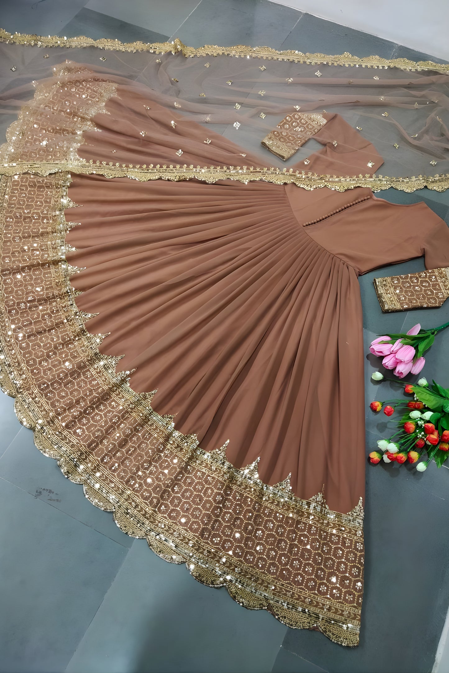 Elegant Coffee Brown Faux Georgette Embroidered Anarkali Suit with Heavy Net Dupatta for Women