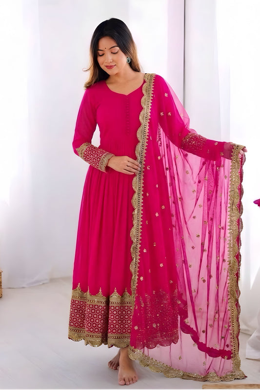 Elegant Rani Pink Embroidered Anarkali Suit Designer Net Dupatta for Women