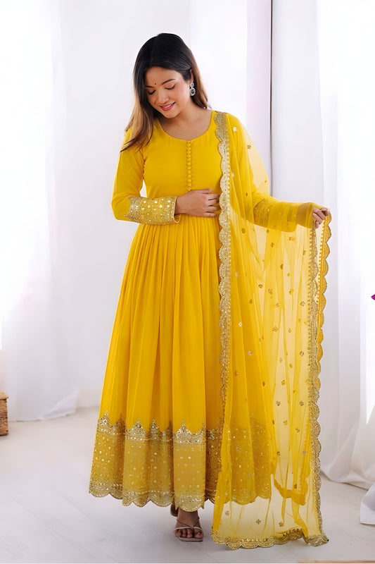 Elegant Mustard Yellow Embroidered Anarkali Suit Designer Net Dupatta