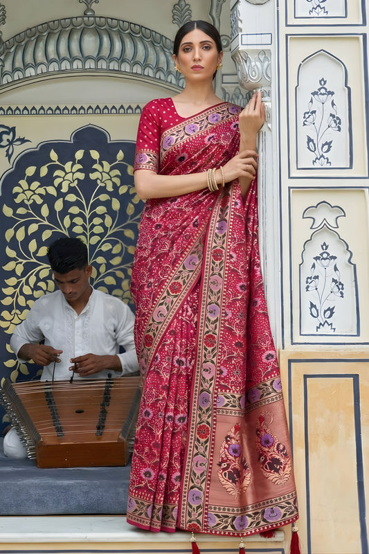 Elegant Rani Pink Floral Printed Silk Saree Designer Woven Border for Festive