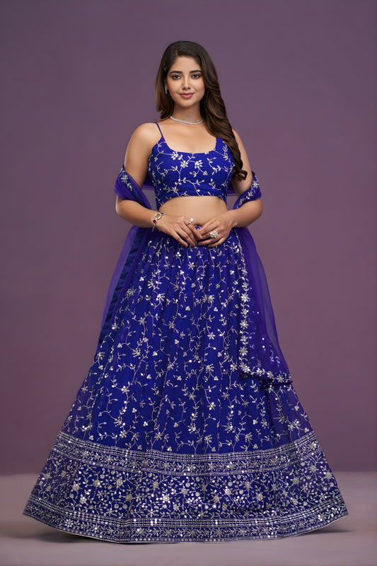 Royal Blue Georgette Embroidered Lehenga Choli with Soft Net Designer Dupatta for Wedding Wear