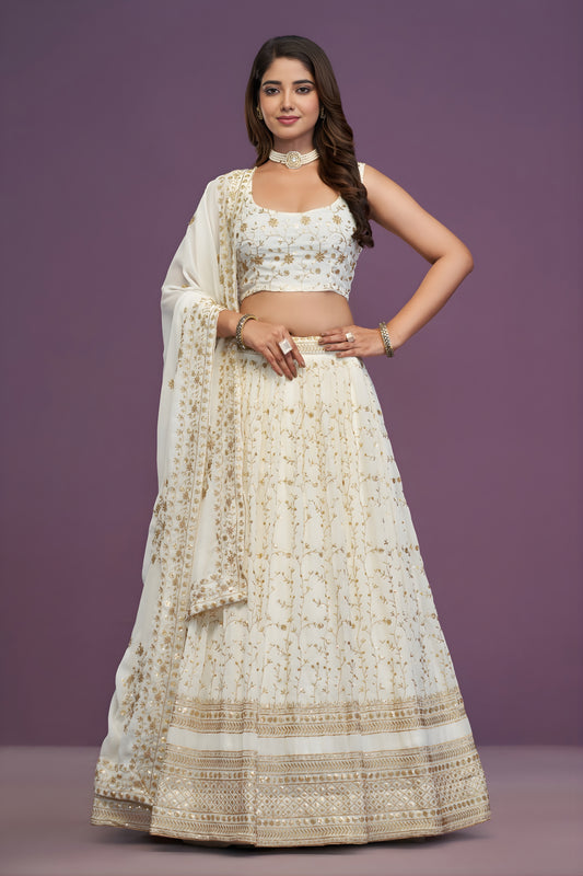 Stunning White Georgette Embroidered Lehenga Choli with Designer Dupatta for Wedding Wear