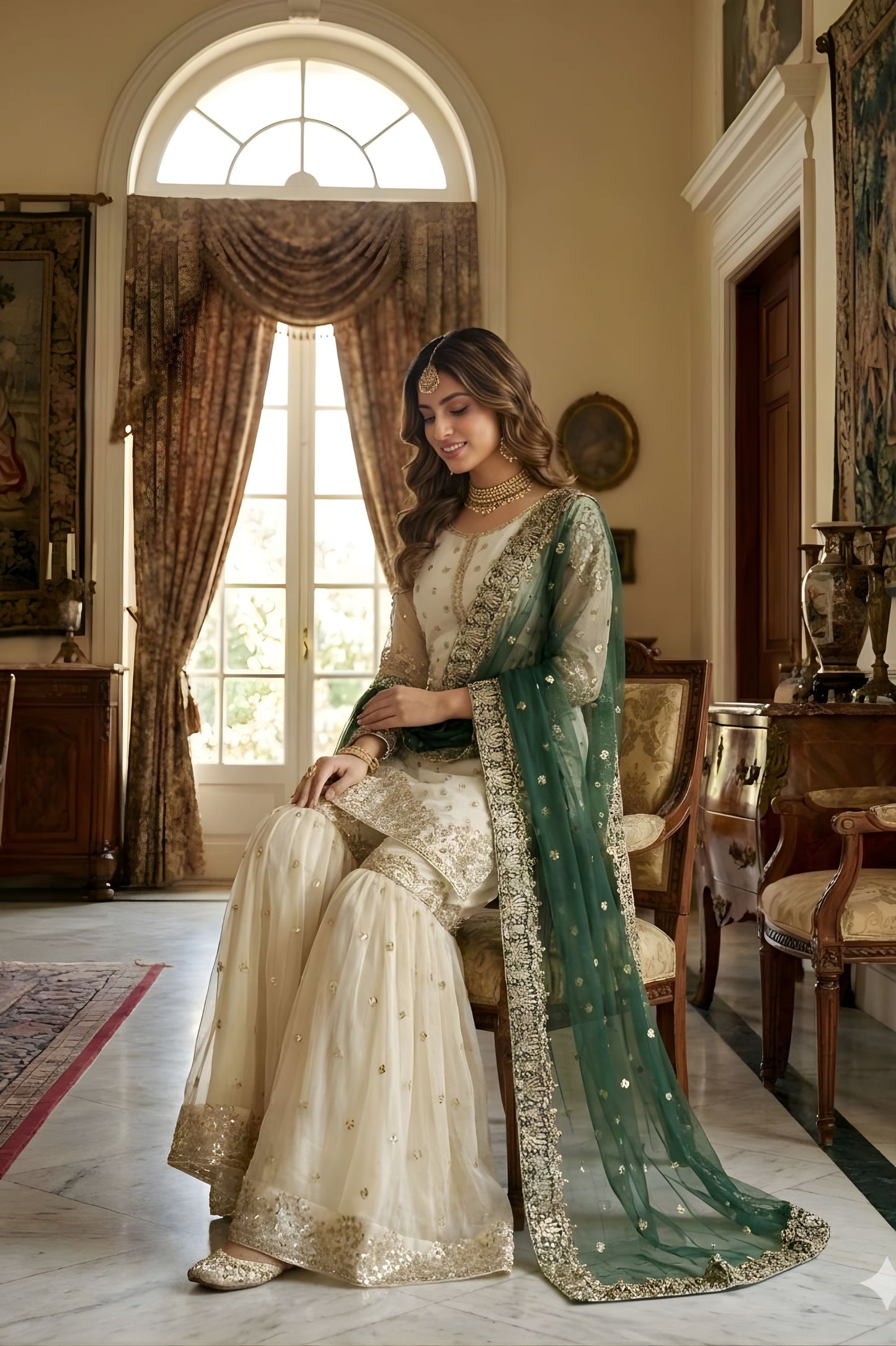 Elegant Off White Fendy Silk Embroidered Sharara Suit Green Net Dupatta