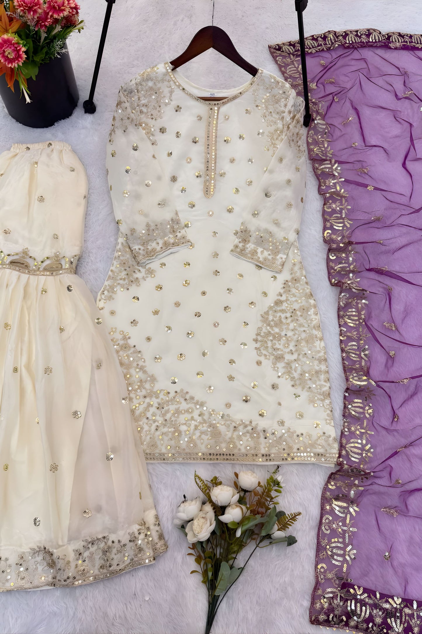 Elegant Off White Fendy Silk Embroidered Sharara Suit Designer Purple Net Dupatta