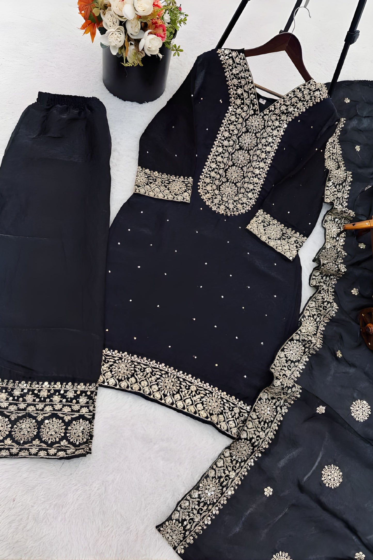 Elegant Black Pure Fendy Silk Heavy Embroidered Straight Salwar Suit Dupatta